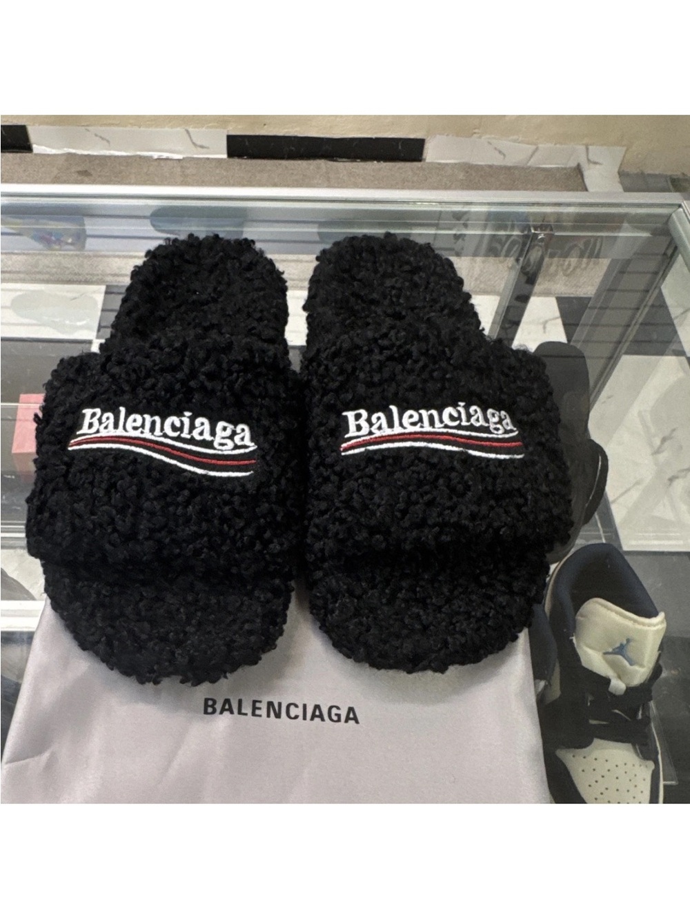 Balenciaga Black Shearling Slide Slippers with White & Red Logo